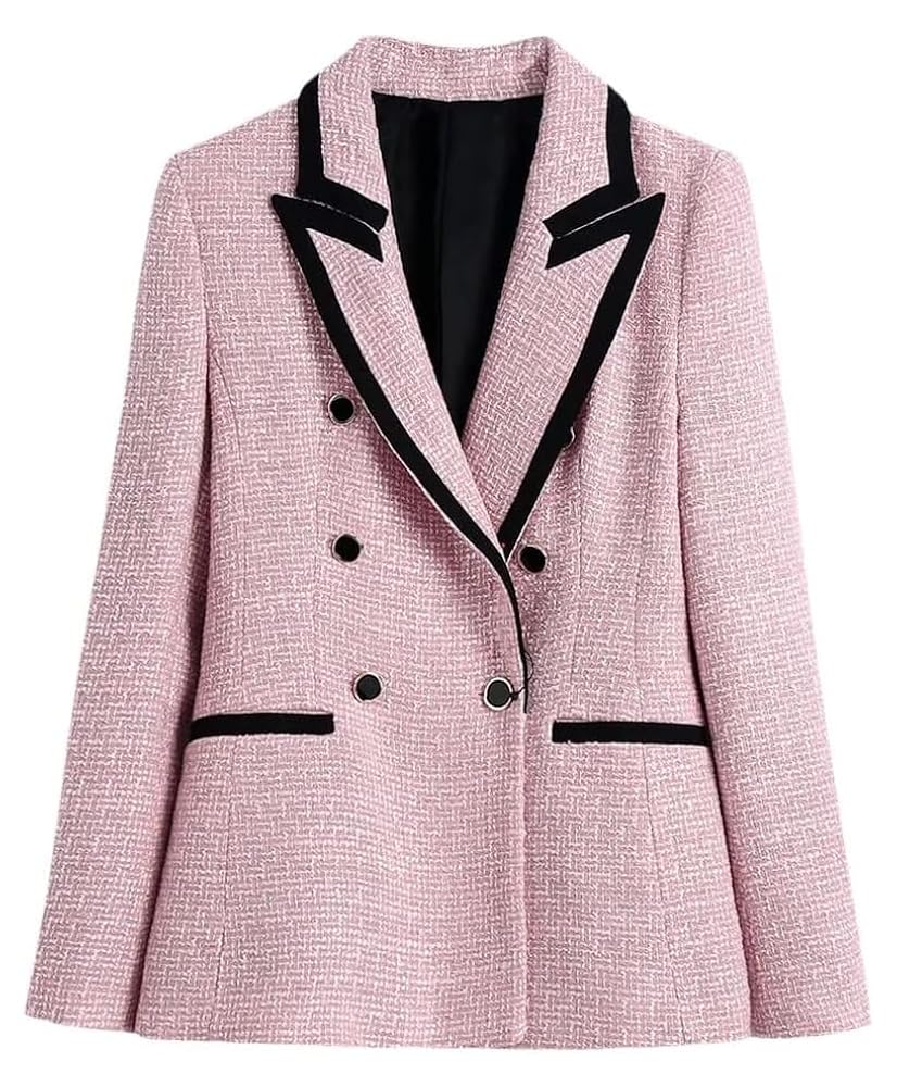 Women's Spring Autumn Tweed Blazer with Piping Patchwork